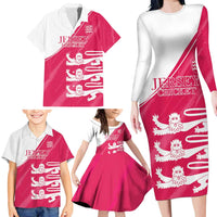 Custom Bailiwick of Jersey Cricket Family Matching Long Sleeve Bodycon Dress and Hawaiian Shirt Jer Lions Champion Pink Version - Wonder Print Shop