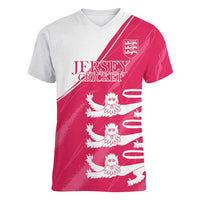 Custom Bailiwick of Jersey Cricket Women V-Neck T-Shirt Jer Lions Champion Pink Version - Wonder Print Shop