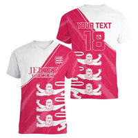Custom Bailiwick of Jersey Cricket Women V-Neck T-Shirt Jer Lions Champion Pink Version - Wonder Print Shop