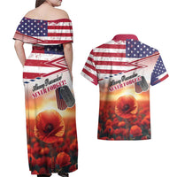 USA Veterans Day Couples Matching Off Shoulder Maxi Dress and Hawaiian Shirt Poppy Flowers With Flag Grunge - Wonder Print Shop