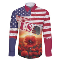 USA Veterans Day Family Matching Long Sleeve Bodycon Dress and Hawaiian Shirt Poppy Flowers With Flag Grunge - Wonder Print Shop