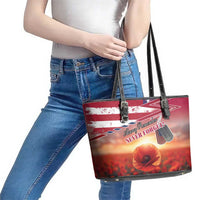 USA Veterans Day Leather Tote Bag Poppy Flowers With Flag Grunge - Wonder Print Shop