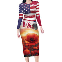 USA Veterans Day Long Sleeve Bodycon Dress Poppy Flowers With Flag Grunge - Wonder Print Shop
