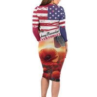 USA Veterans Day Long Sleeve Bodycon Dress Poppy Flowers With Flag Grunge - Wonder Print Shop