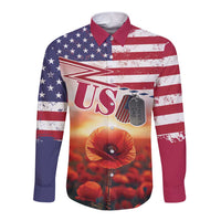 USA Veterans Day Long Sleeve Button Shirt Poppy Flowers With Flag Grunge - Wonder Print Shop