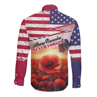USA Veterans Day Long Sleeve Button Shirt Poppy Flowers With Flag Grunge - Wonder Print Shop