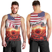 USA Veterans Day Men Tank Top Poppy Flowers With Flag Grunge - Wonder Print Shop