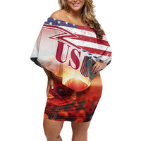 USA Veterans Day Off Shoulder Short Dress Poppy Flowers With Flag Grunge - Wonder Print Shop