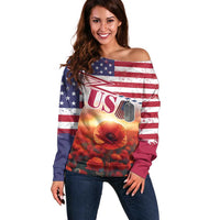 USA Veterans Day Off Shoulder Sweater Poppy Flowers With Flag Grunge - Wonder Print Shop