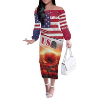 USA Veterans Day Off The Shoulder Long Sleeve Dress Poppy Flowers With Flag Grunge - Wonder Print Shop