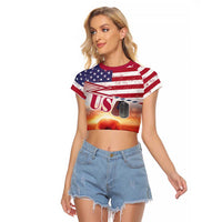 USA Veterans Day Raglan Cropped T Shirt Poppy Flowers With Flag Grunge - Wonder Print Shop
