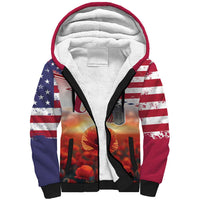 USA Veterans Day Sherpa Hoodie Poppy Flowers With Flag Grunge - Wonder Print Shop