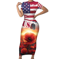 USA Veterans Day Short Sleeve Bodycon Dress Poppy Flowers With Flag Grunge - Wonder Print Shop