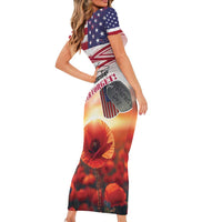 USA Veterans Day Short Sleeve Bodycon Dress Poppy Flowers With Flag Grunge - Wonder Print Shop