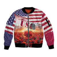 USA Veterans Day Sleeve Zip Bomber Jacket Poppy Flowers With Flag Grunge - Wonder Print Shop
