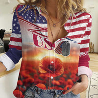 USA Veterans Day Women Casual Shirt Poppy Flowers With Flag Grunge - Wonder Print Shop