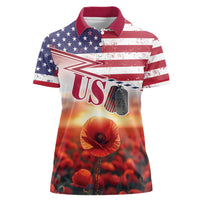USA Veterans Day Women Polo Shirt Poppy Flowers With Flag Grunge - Wonder Print Shop