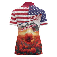 USA Veterans Day Women Polo Shirt Poppy Flowers With Flag Grunge - Wonder Print Shop