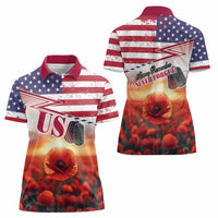 USA Veterans Day Women Polo Shirt Poppy Flowers With Flag Grunge - Wonder Print Shop