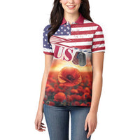 USA Veterans Day Women Polo Shirt Poppy Flowers With Flag Grunge - Wonder Print Shop