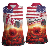 USA Veterans Day Women Sleeveless Polo Shirt Poppy Flowers With Flag Grunge - Wonder Print Shop