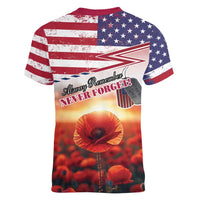 USA Veterans Day Women V-Neck T-Shirt Poppy Flowers With Flag Grunge - Wonder Print Shop