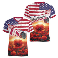 USA Veterans Day Women V-Neck T-Shirt Poppy Flowers With Flag Grunge - Wonder Print Shop