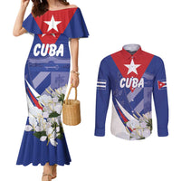 Personalized Cuba Hedychium Coronarium Couples Matching Mermaid Dress and Long Sleeve Button Shirt With Coat Of Arms