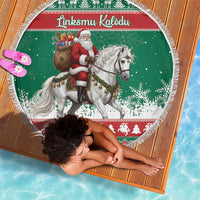 Lithuania Christmas Beach Blanket Santa Riding White Horse Linksmu Kaledu - Wonder Print Shop