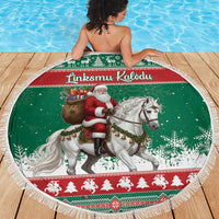 Lithuania Christmas Beach Blanket Santa Riding White Horse Linksmu Kaledu - Wonder Print Shop
