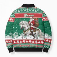 Lithuania Christmas Bomber Puffer Jacket Santa Riding White Horse Linksmu Kaledu - Wonder Print Shop