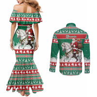 Lithuania Christmas Couples Matching Mermaid Dress and Long Sleeve Button Shirt Santa Riding White Horse Linksmu Kaledu - Wonder Print Shop