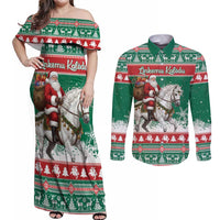 Lithuania Christmas Couples Matching Off Shoulder Maxi Dress and Long Sleeve Button Shirt Santa Riding White Horse Linksmu Kaledu - Wonder Print Shop