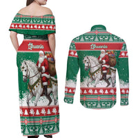 Lithuania Christmas Couples Matching Off Shoulder Maxi Dress and Long Sleeve Button Shirt Santa Riding White Horse Linksmu Kaledu - Wonder Print Shop