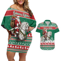 Lithuania Christmas Couples Matching Off Shoulder Short Dress and Hawaiian Shirt Santa Riding White Horse Linksmu Kaledu - Wonder Print Shop