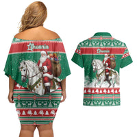 Lithuania Christmas Couples Matching Off Shoulder Short Dress and Hawaiian Shirt Santa Riding White Horse Linksmu Kaledu - Wonder Print Shop