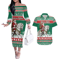Lithuania Christmas Couples Matching Off The Shoulder Long Sleeve Dress and Hawaiian Shirt Santa Riding White Horse Linksmu Kaledu - Wonder Print Shop