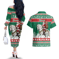 Lithuania Christmas Couples Matching Off The Shoulder Long Sleeve Dress and Hawaiian Shirt Santa Riding White Horse Linksmu Kaledu - Wonder Print Shop