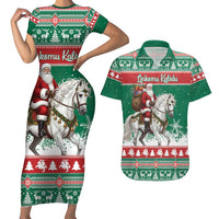 Lithuania Christmas Couples Matching Short Sleeve Bodycon Dress and Hawaiian Shirt Santa Riding White Horse Linksmu Kaledu - Wonder Print Shop