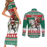 Lithuania Christmas Couples Matching Short Sleeve Bodycon Dress and Long Sleeve Button Shirt Santa Riding White Horse Linksmu Kaledu - Wonder Print Shop