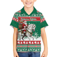 Lithuania Christmas Family Matching Off The Shoulder Long Sleeve Dress and Hawaiian Shirt Santa Riding White Horse Linksmu Kaledu - Wonder Print Shop