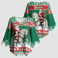 Lithuania Christmas Kimono Sleeve Blouse Santa Riding White Horse Linksmu Kaledu - Wonder Print Shop