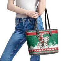 Lithuania Christmas Leather Tote Bag Santa Riding White Horse Linksmu Kaledu - Wonder Print Shop