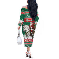 Lithuania Christmas Off The Shoulder Long Sleeve Dress Santa Riding White Horse Linksmu Kaledu - Wonder Print Shop