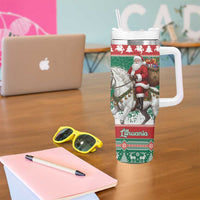 Lithuania Christmas Tumbler With Handle Santa Riding White Horse Linksmu Kaledu - Wonder Print Shop