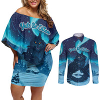 Yule Be Eaten Personalized Couples Matching Off Shoulder Short Dress and Long Sleeve Button Shirt Christmas Cat Jolakotturinn Icelandic - Wonder Print Shop