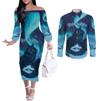 Yule Be Eaten Personalized Couples Matching Off The Shoulder Long Sleeve Dress and Long Sleeve Button Shirt Christmas Cat Jolakotturinn Icelandic - Wonder Print Shop