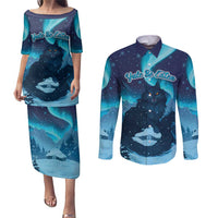 Yule Be Eaten Personalized Couples Matching Puletasi and Long Sleeve Button Shirt Christmas Cat Jolakotturinn Icelandic - Wonder Print Shop