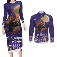 Italy Christmas Couples Matching Long Sleeve Bodycon Dress and Long Sleeve Button Shirt La Befana Flying Over Winter Night - Wonder Print Shop
