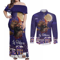 Italy Christmas Couples Matching Off Shoulder Maxi Dress and Long Sleeve Button Shirt La Befana Flying Over Winter Night - Wonder Print Shop